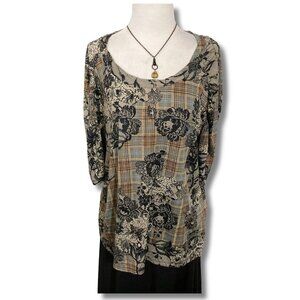 BIANCA NYGARD Plus-size plaid floral fishnet lace print 1/2 sleeve top XL 1X 2X